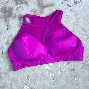 High Mesh Neck Open Back Sports Bra with Back Clasp and Built-in Pads